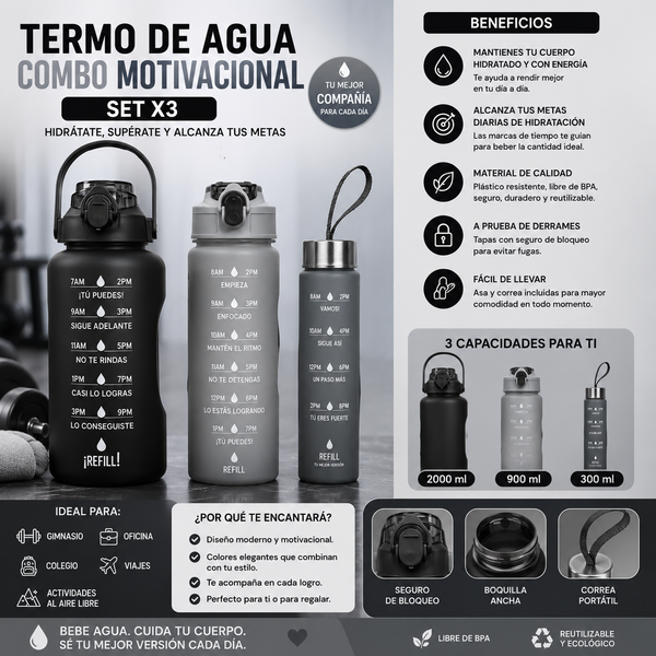 Termo De Agua Combo Motivacional Set X 3